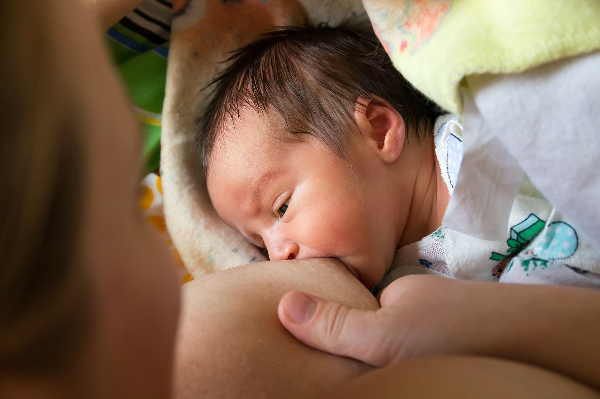 Recém-nascido mamando no peito enquanto a mãe segura a mama com a mão
